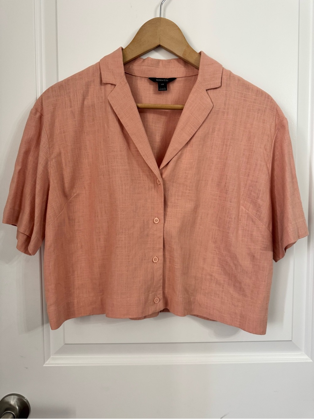 RW&CO Blush Pink Peach Linen-Blend Cropped Button Shirt, large